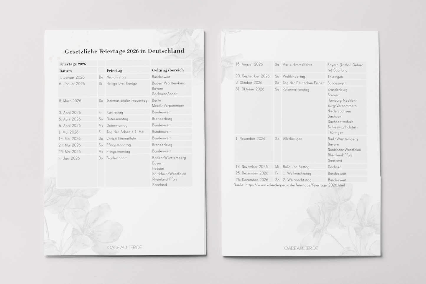 PDF overview of Germany's public holidays in 2026 by CADEAULIER, featuring a clear calendar layout.