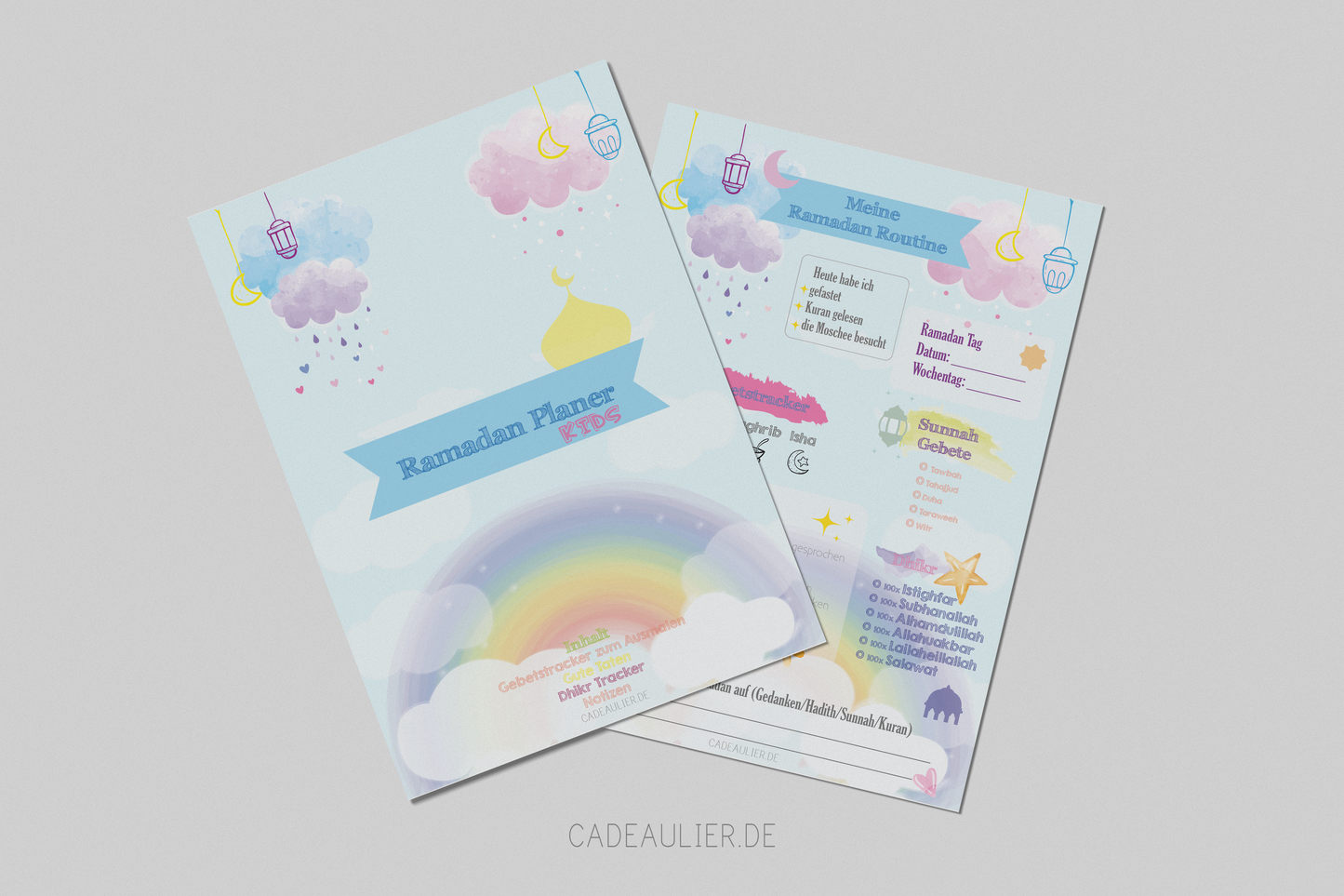 CADEAULIER Ramadan Planner for kids in A4 format, featuring colorful designs and sections for daily activities.