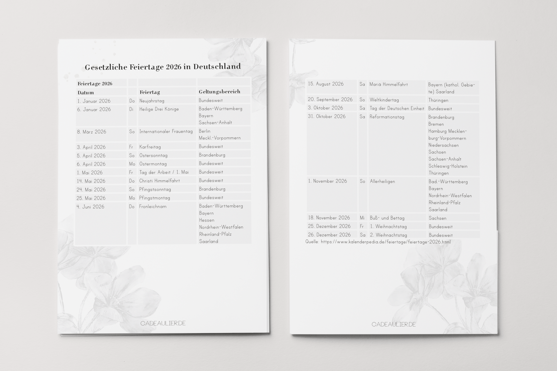 PDF overview of Germany's public holidays in 2026 by CADEAULIER, featuring a clear calendar layout.