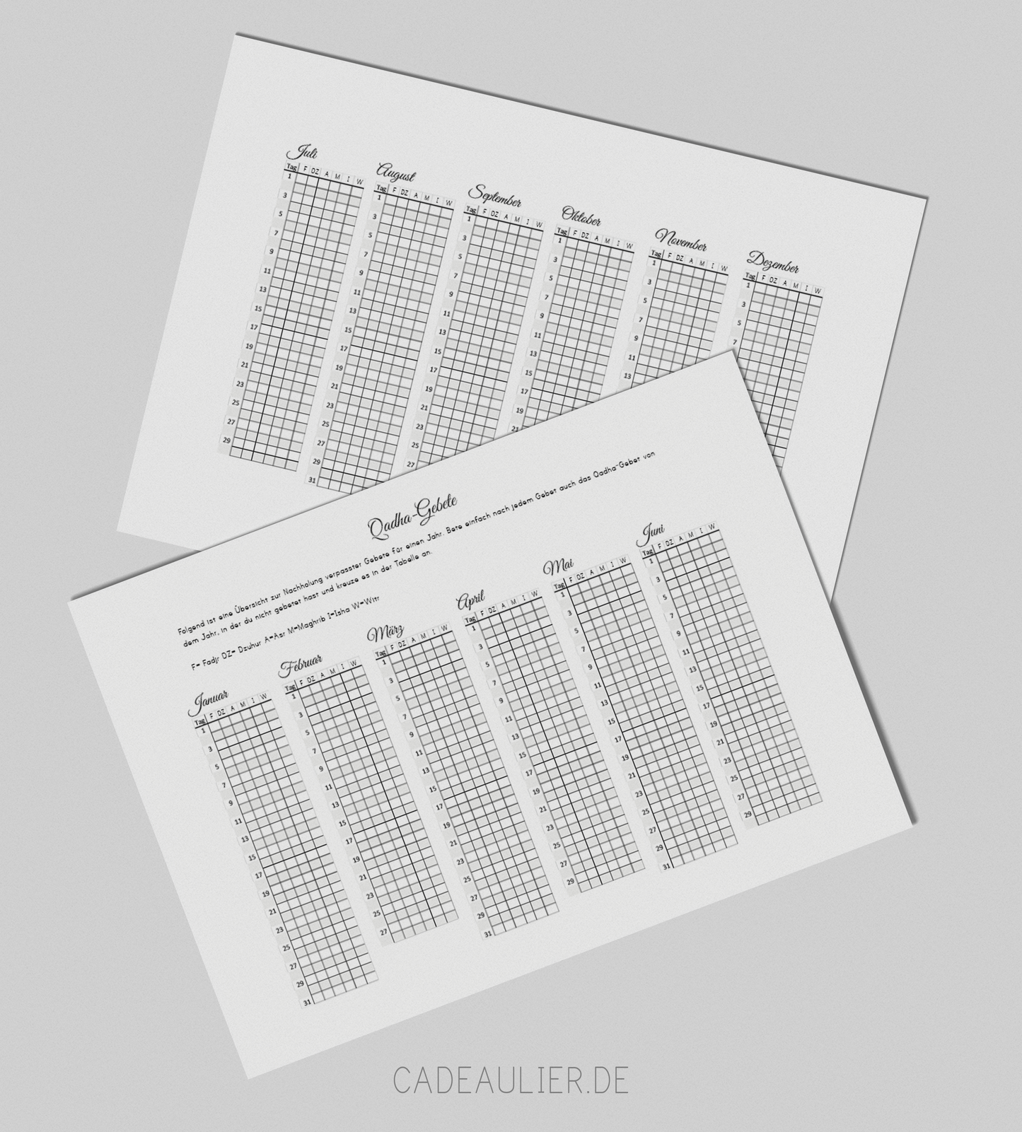 Qadha Gebete A4 download mockup featuring two pages from CADEAULIER in a simple and elegant design.