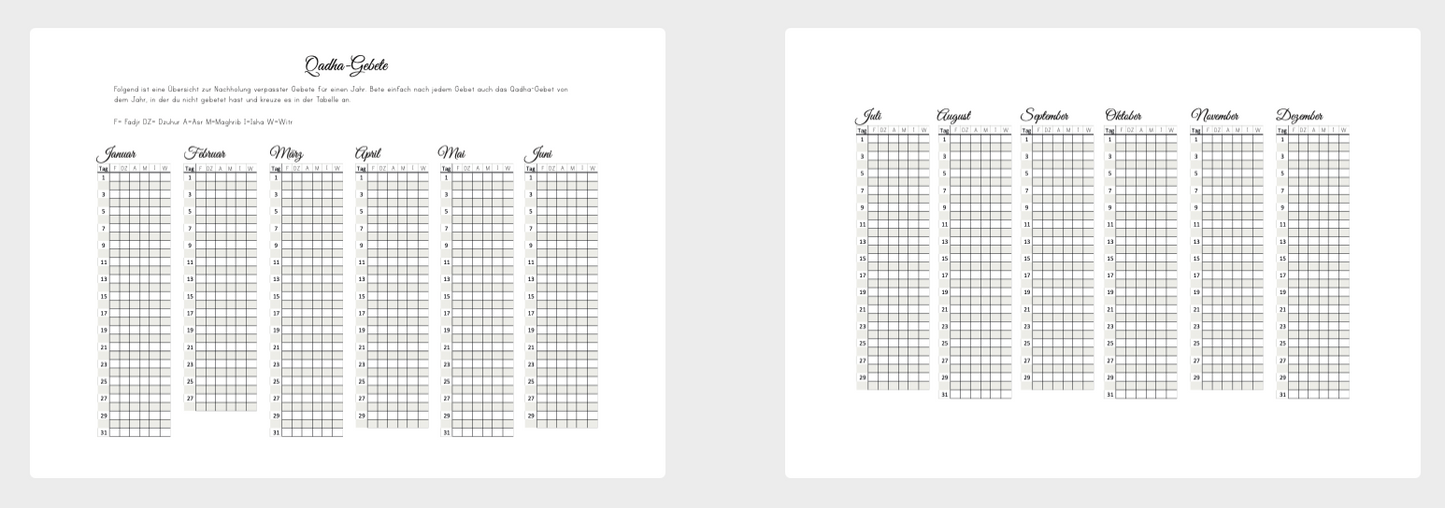 Qadha Gebete A4 overview by CADEAULIER, featuring 2 pages of prayer guidelines and text layout.