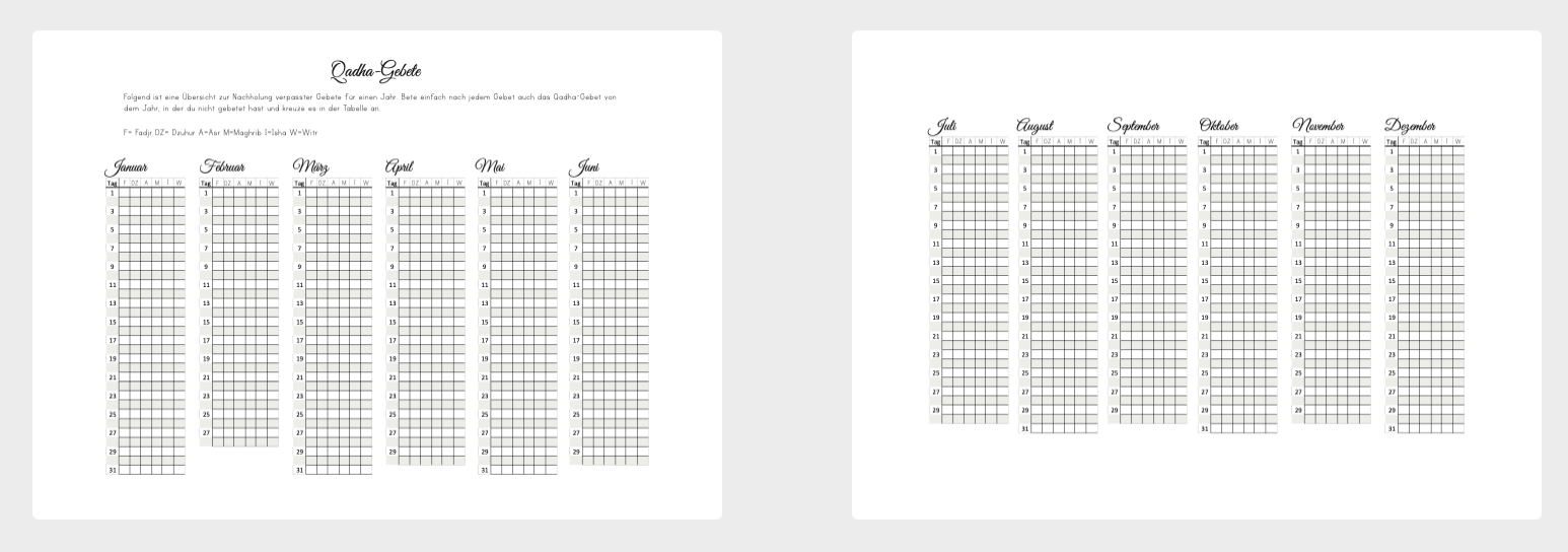 Qadha Gebete A4 overview by CADEAULIER, featuring 2 pages of prayer guidelines and text layout.