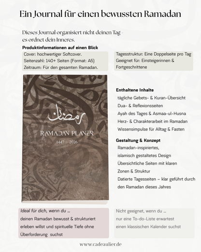 Produktübersicht des Ramadan Planers 2026 mit Cover, wichtigsten Produktinformationen, enthaltenen Inhalten und Gestaltungskonzept