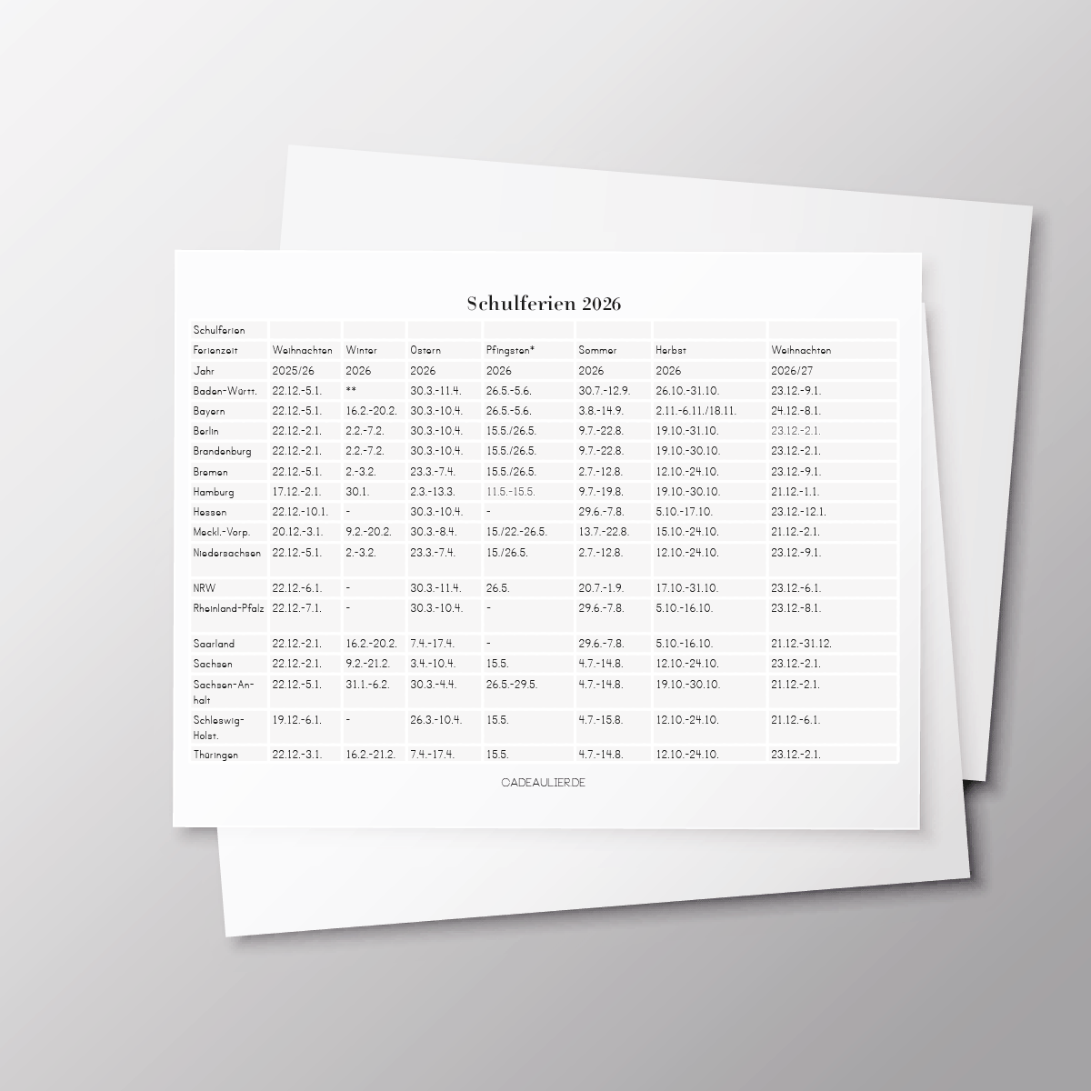 CADEAULIER Schulferien 2026 digital download A5 design for printing, featuring colorful holiday graphics and calendar layout.