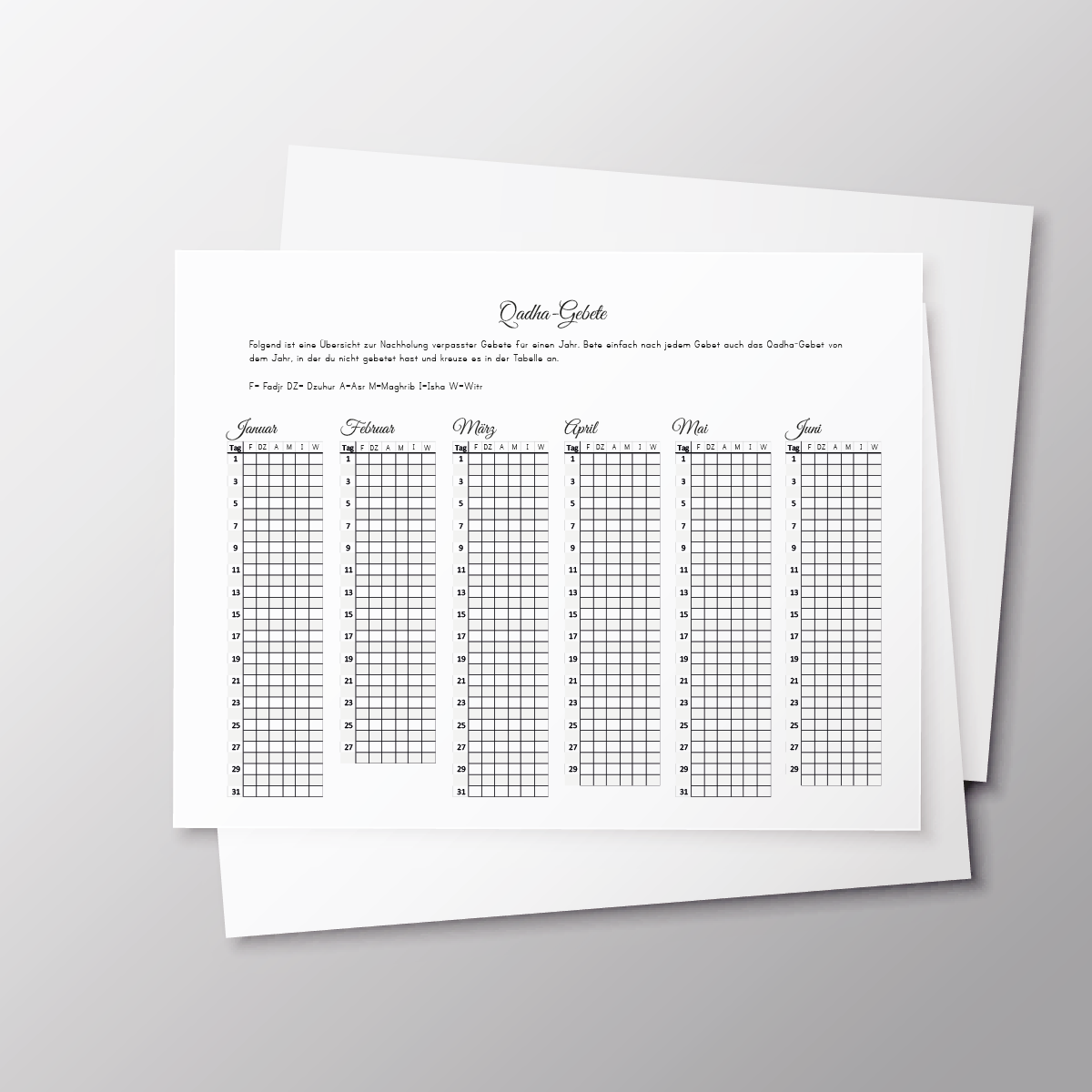 Qadha Gebete A4 printable sheets displayed in a mockup by CADEAULIER, featuring two pages of prayer templates.