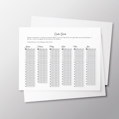 Qadha Gebete A4 printable sheets displayed in a mockup by CADEAULIER, featuring two pages of prayer templates.